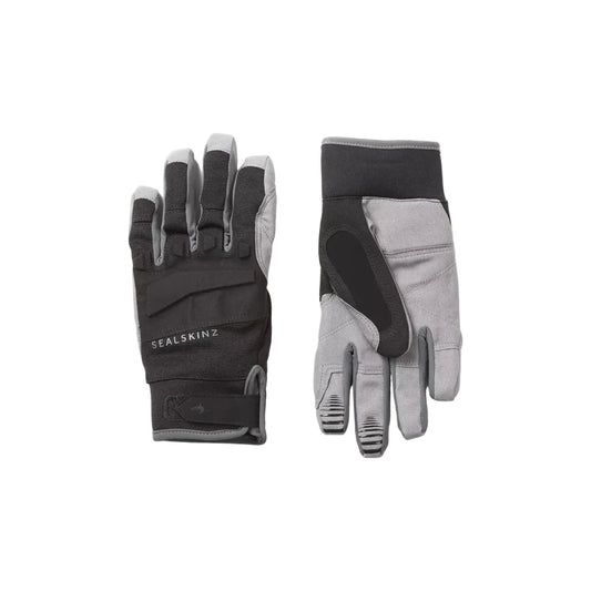 Pair of gray and black gloves with 'Sealskinz' branding on a white background